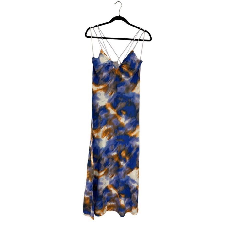 Zara Womens Dress XL Tie Dye Printed Midi Blue Gold Sleeveless 9874/001 NWT - Picture 2 of 13
